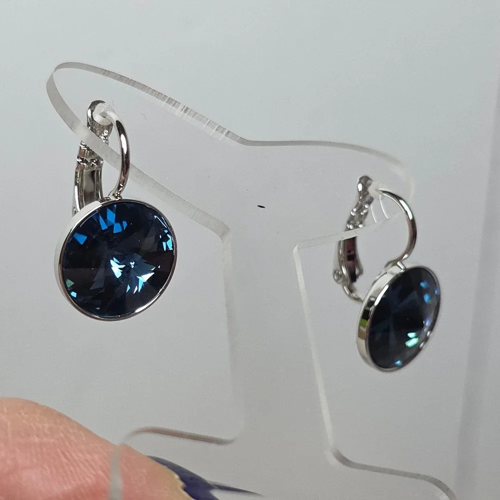 NEW Swarovski Montana BlueRound 13mm Leverback Drop Earrings Platinum Plated #3